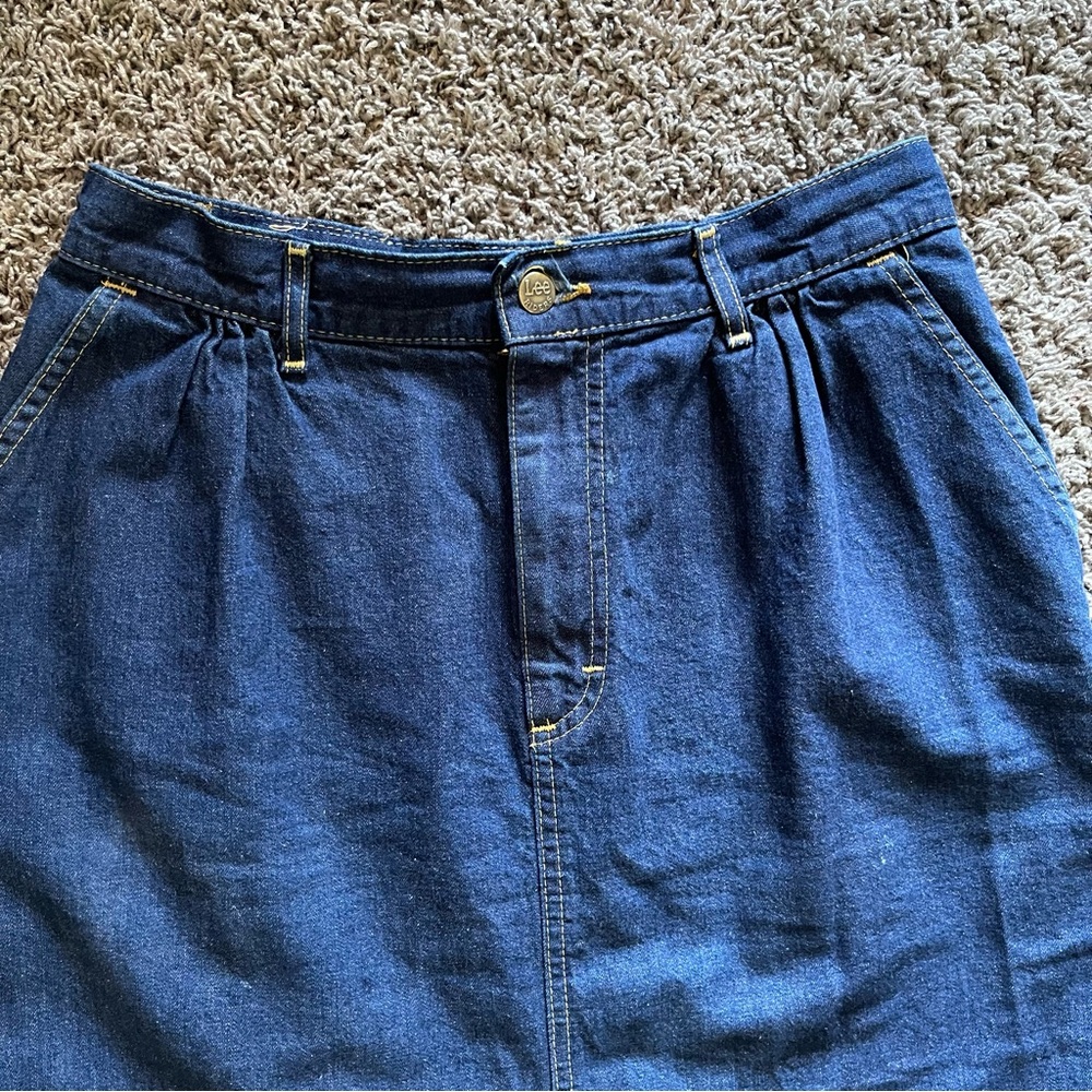VTG Lee Denim Jean Midi Skirt Modest Prairie Pleated Sz 13 80’s Cottage Core - Picture 7 of 12